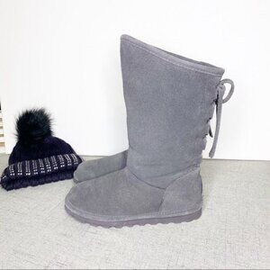 BearPaw Gray Suede Lace Up Sherpa Fur Winter Boots 6